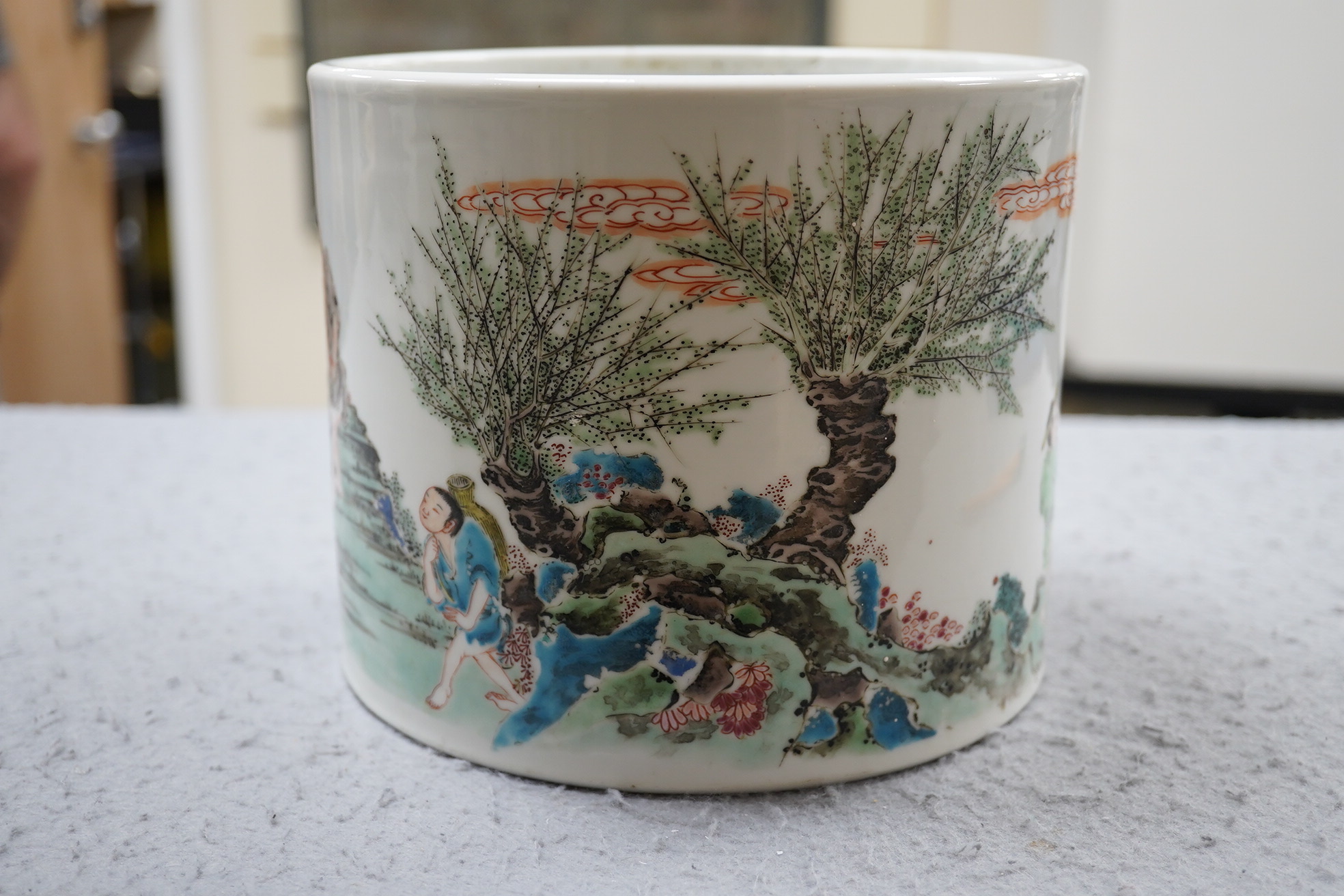 An unusual Chinese famille rose ‘fishermen’ brushpot, bitong, Yongzheng period (1723-35)